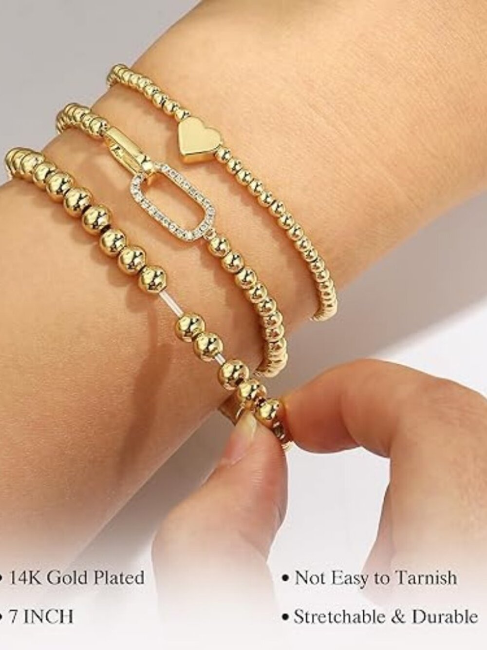 14K Gold Plated Bow Beaded Bracelet Set for Women & Teen Girls | Stackable - Picture 4 of 6